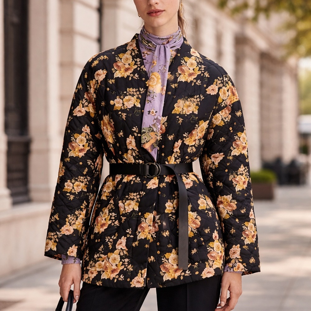 ZARA | Black Quilted Peach & Cream Floral filled Jacket - Picture 2 of 16